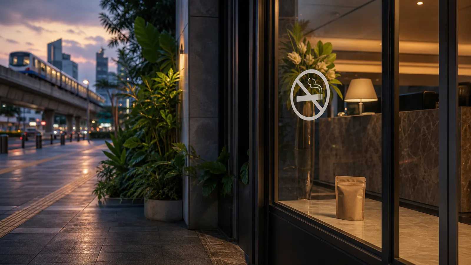 Entrada de un edificio en Bangkok con una señal de no fumar junto a la vía pública