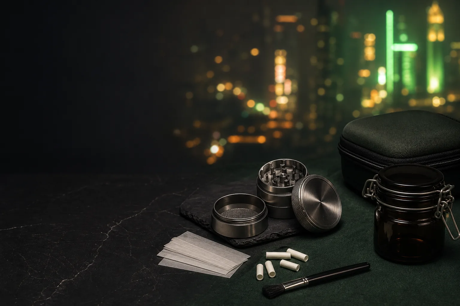 Premium grinder, papers, storage jar and cleaning brush on a dark tabletop