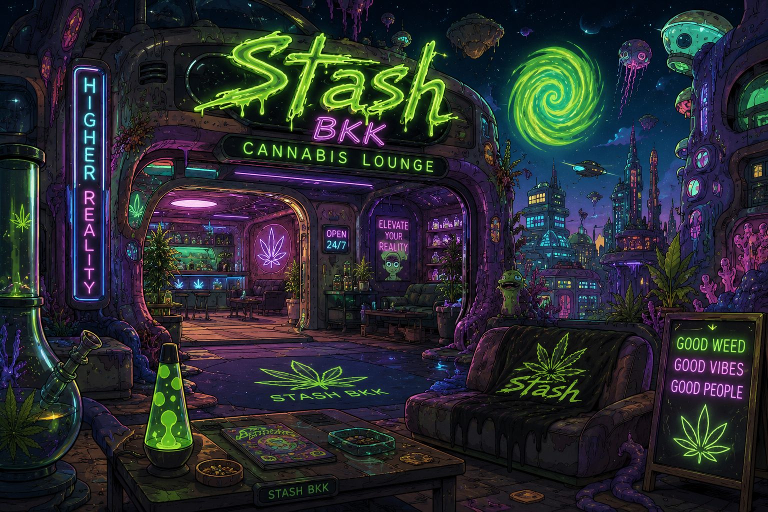 Stash BKK cannabis lounge — illustrated Bangkok weed lounge guide with neon signage