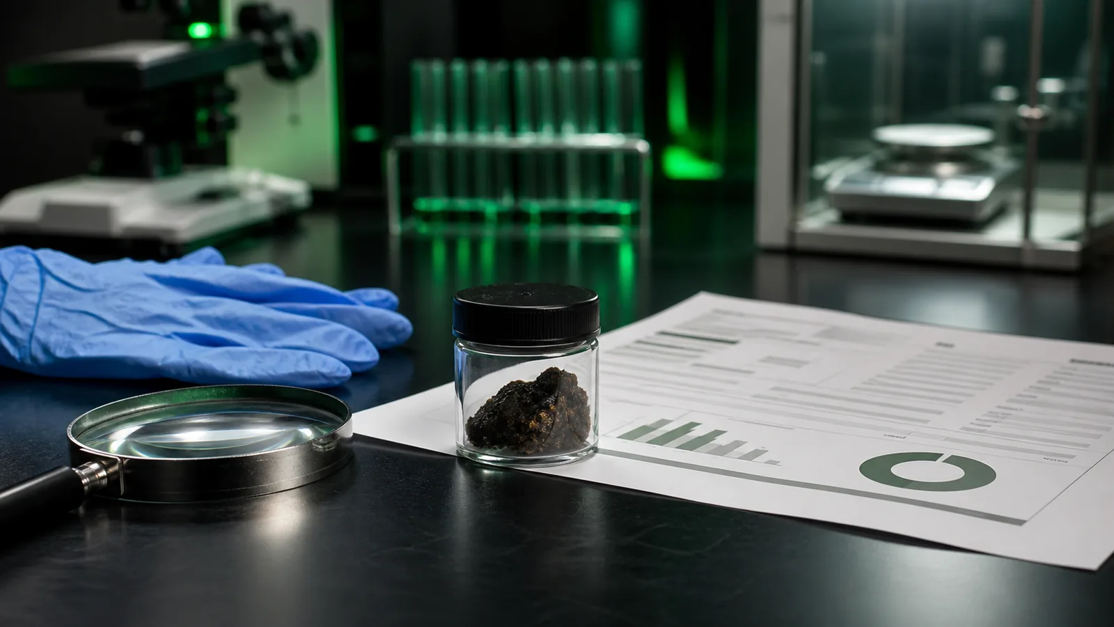 Sealed resin sample beside a batch record and laboratory magnifier
