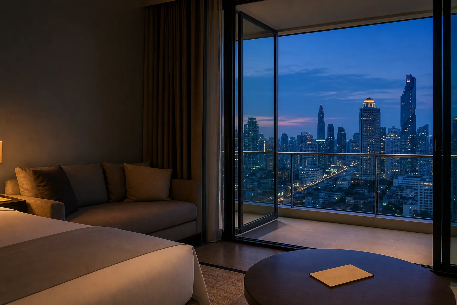 Empty Bangkok hotel balcony and skyline viewed from a modern room