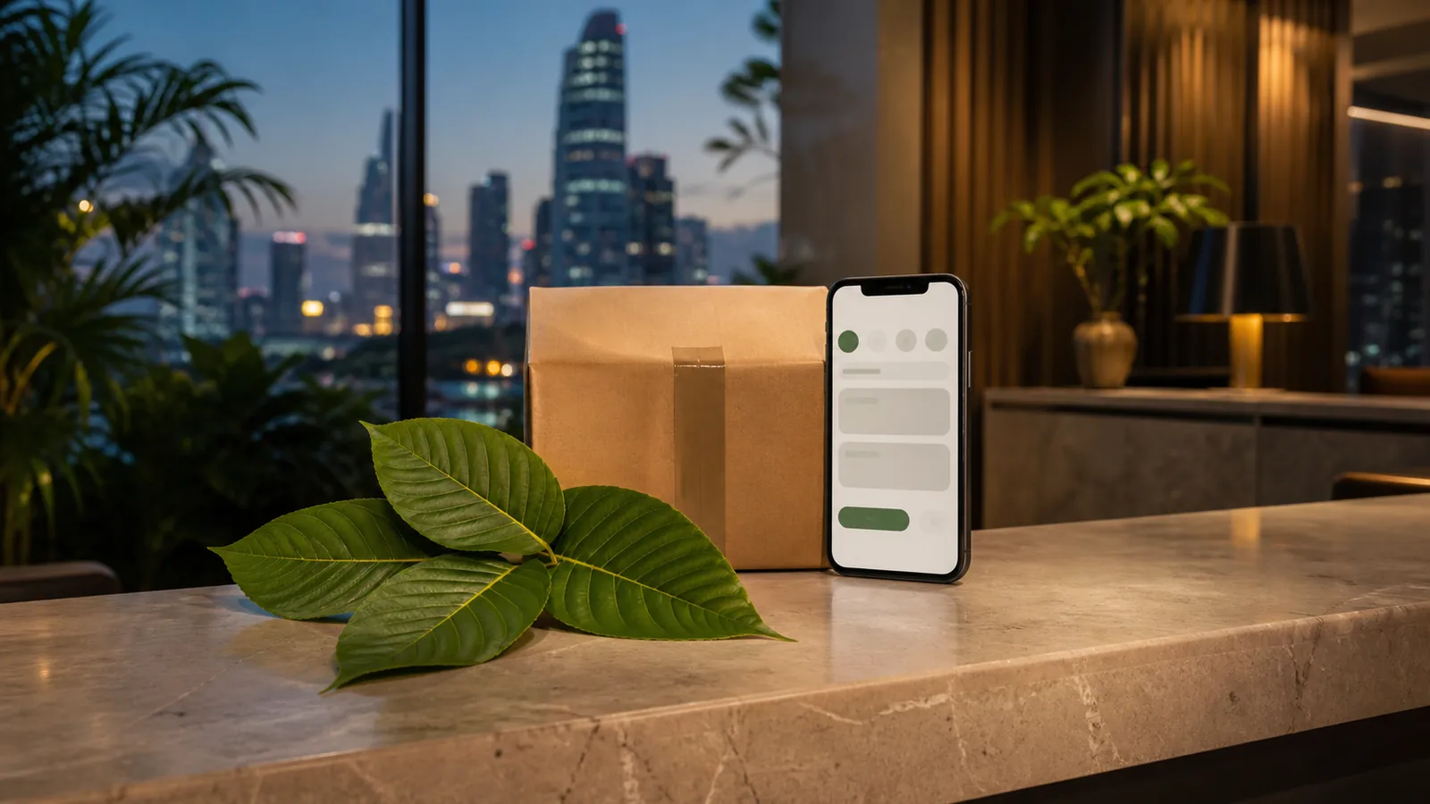 Sealed unbranded kratom parcel beside a phone in a Bangkok lobby, illustrating electronic ordering rules