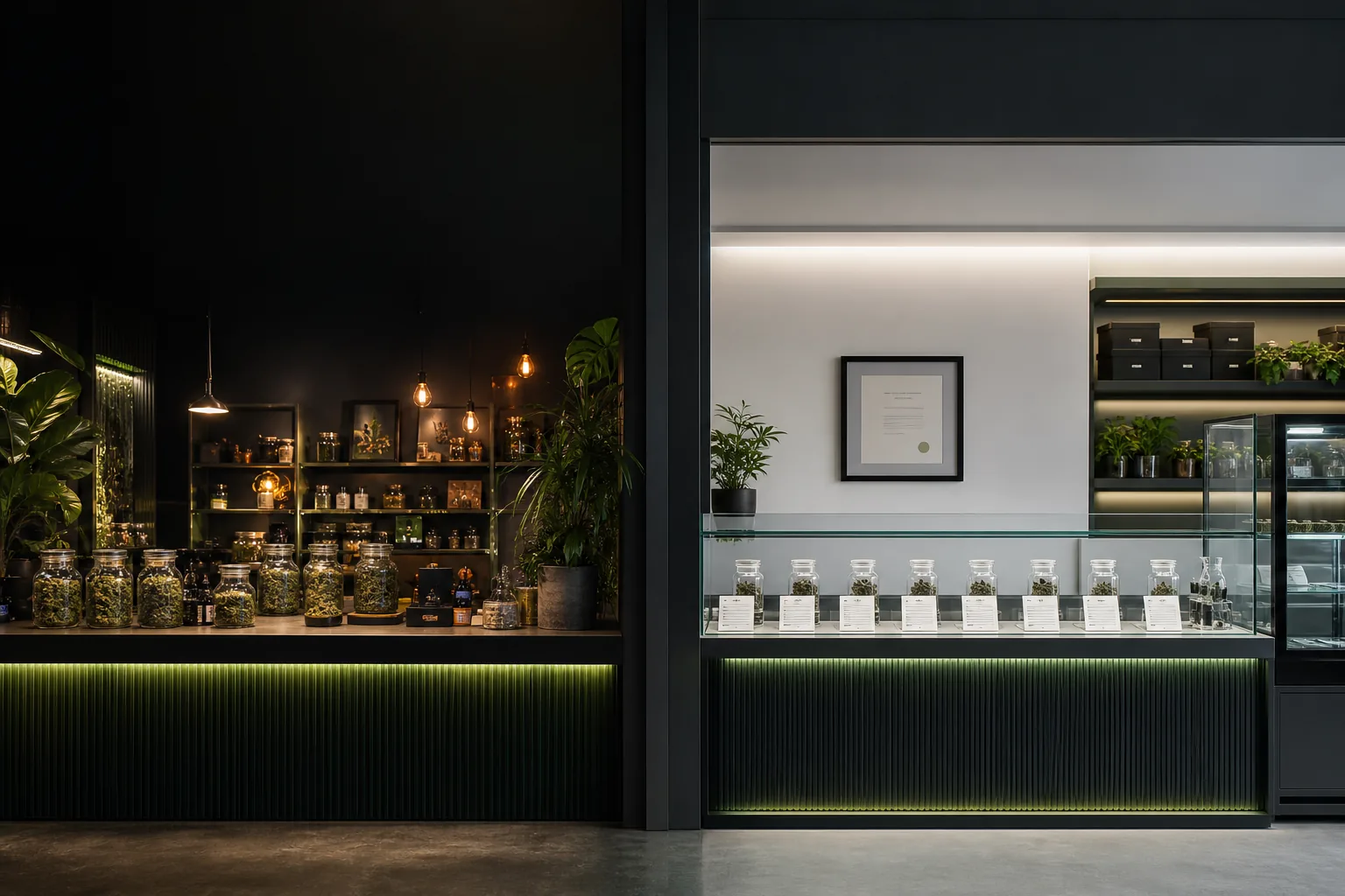 Two contrasting cannabis retail counters, one vague and one organized with documentation