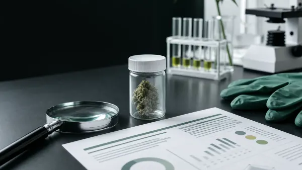 Sealed botanical sample beside laboratory equipment and an abstract analysis report