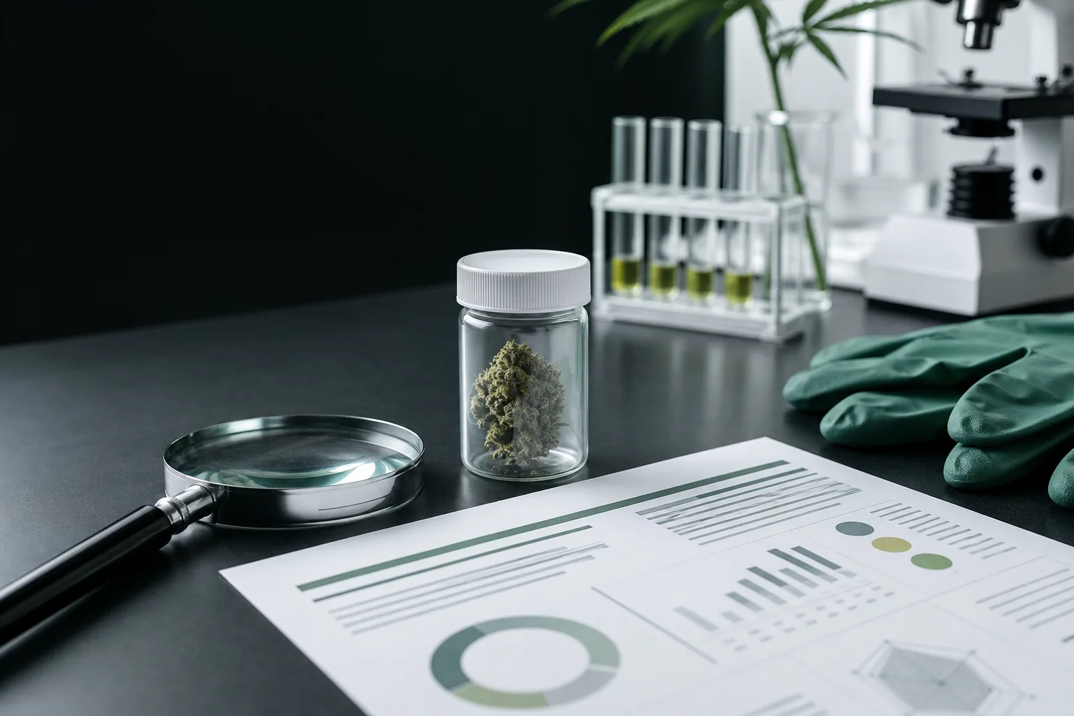 Sampel botani yang disegel di samping peralatan laboratorium dan laporan analisis abstrak