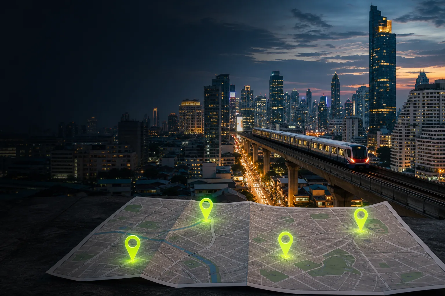 Bangkok skyline, elevated train, and city map with four location pins