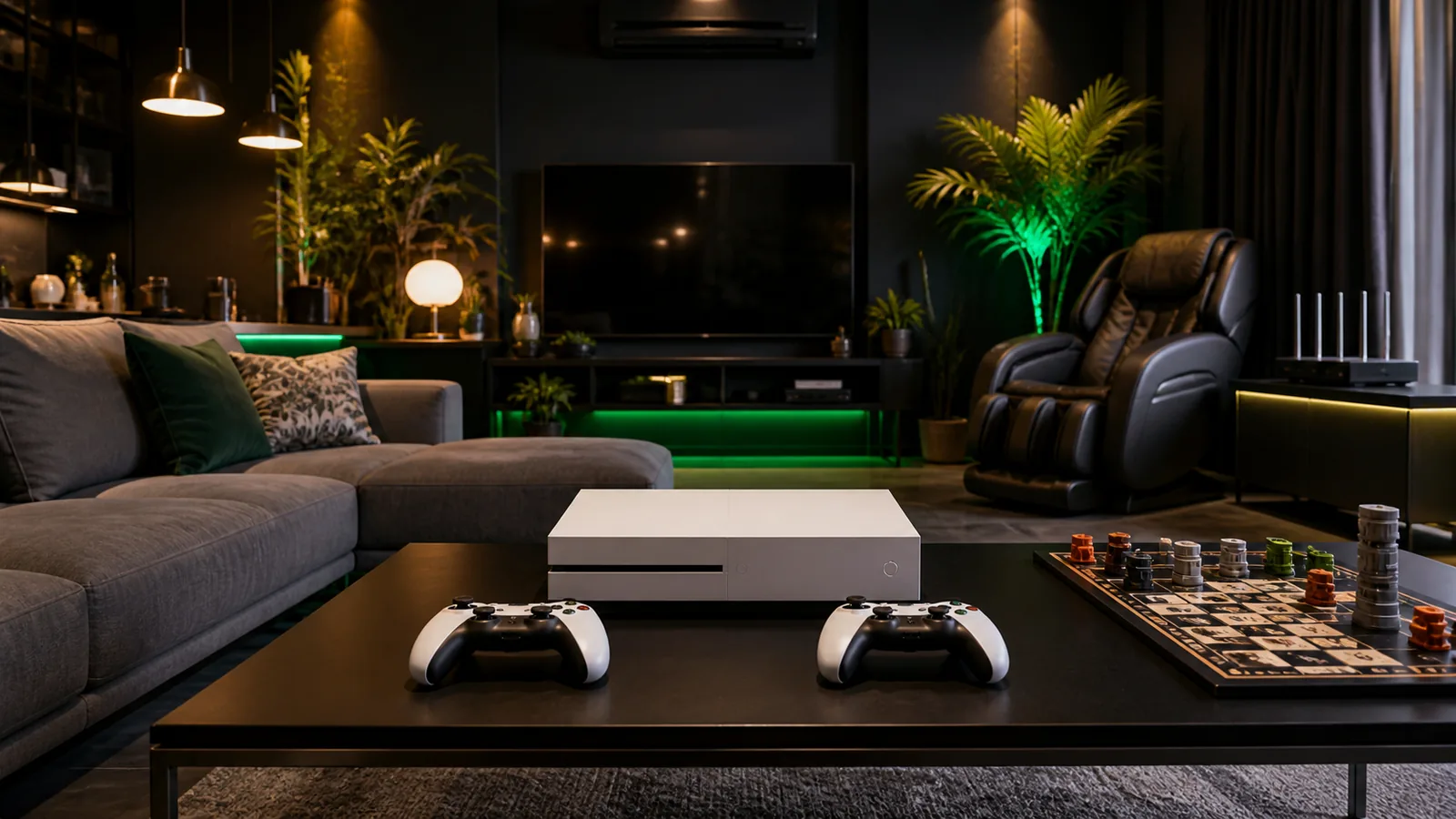 Modern Bangkok customer lounge with game controllers, board games and seating